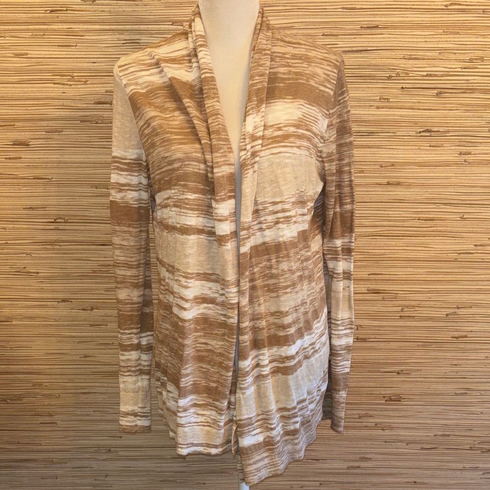LOFT Tan and Cream Knit Cardigan open front large asymmetrical. EUC